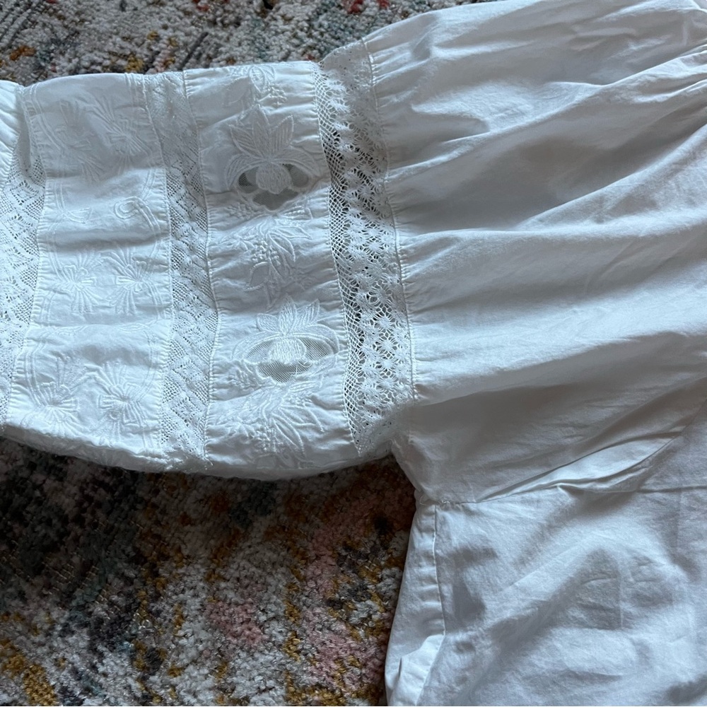 White Embroidered Cotton Blouse with Ruffle Collar - Picture 7 of 8
